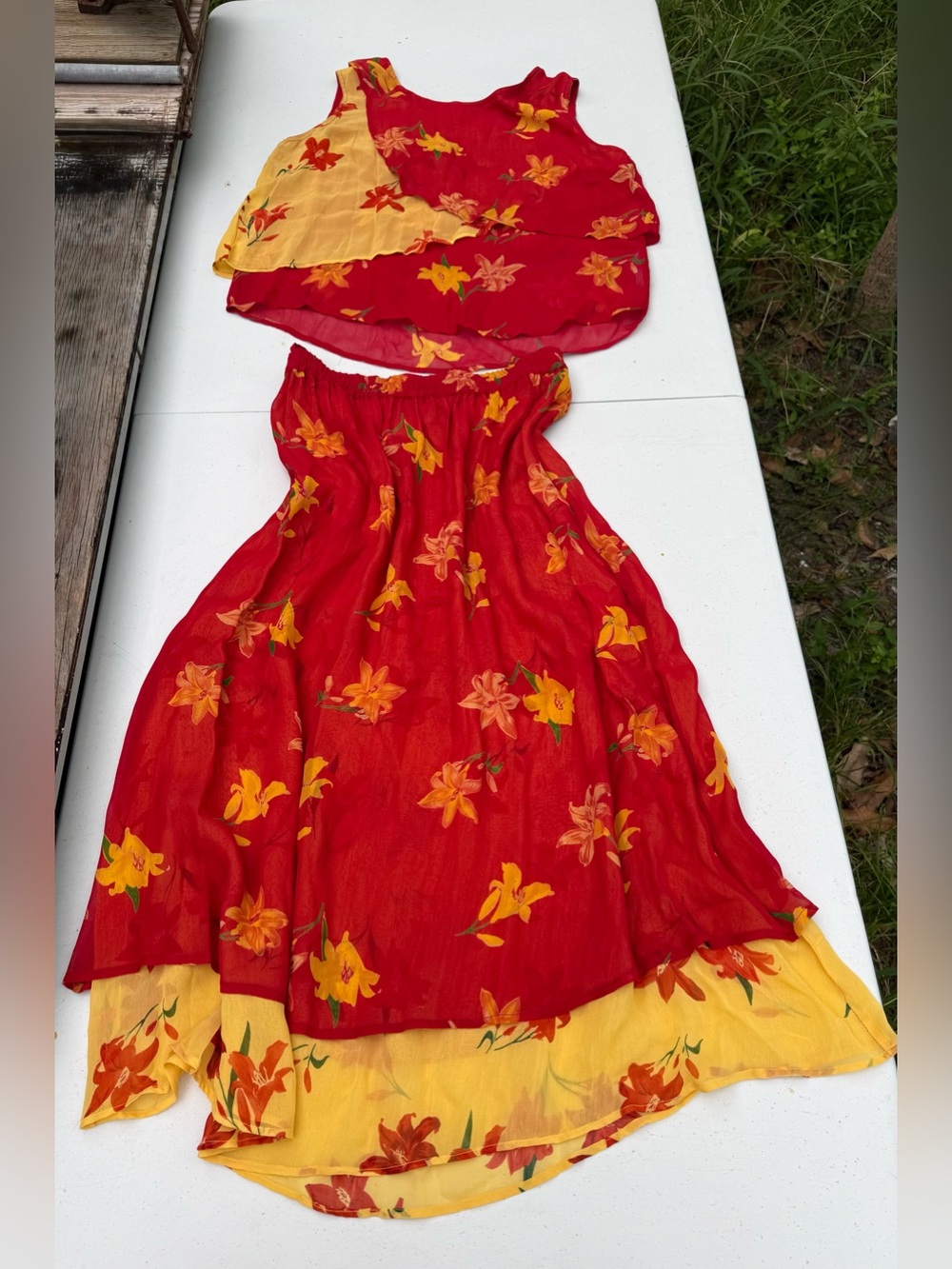 Vintage Red & Yellow Floral Two-Piece Set , 100 % Viscose